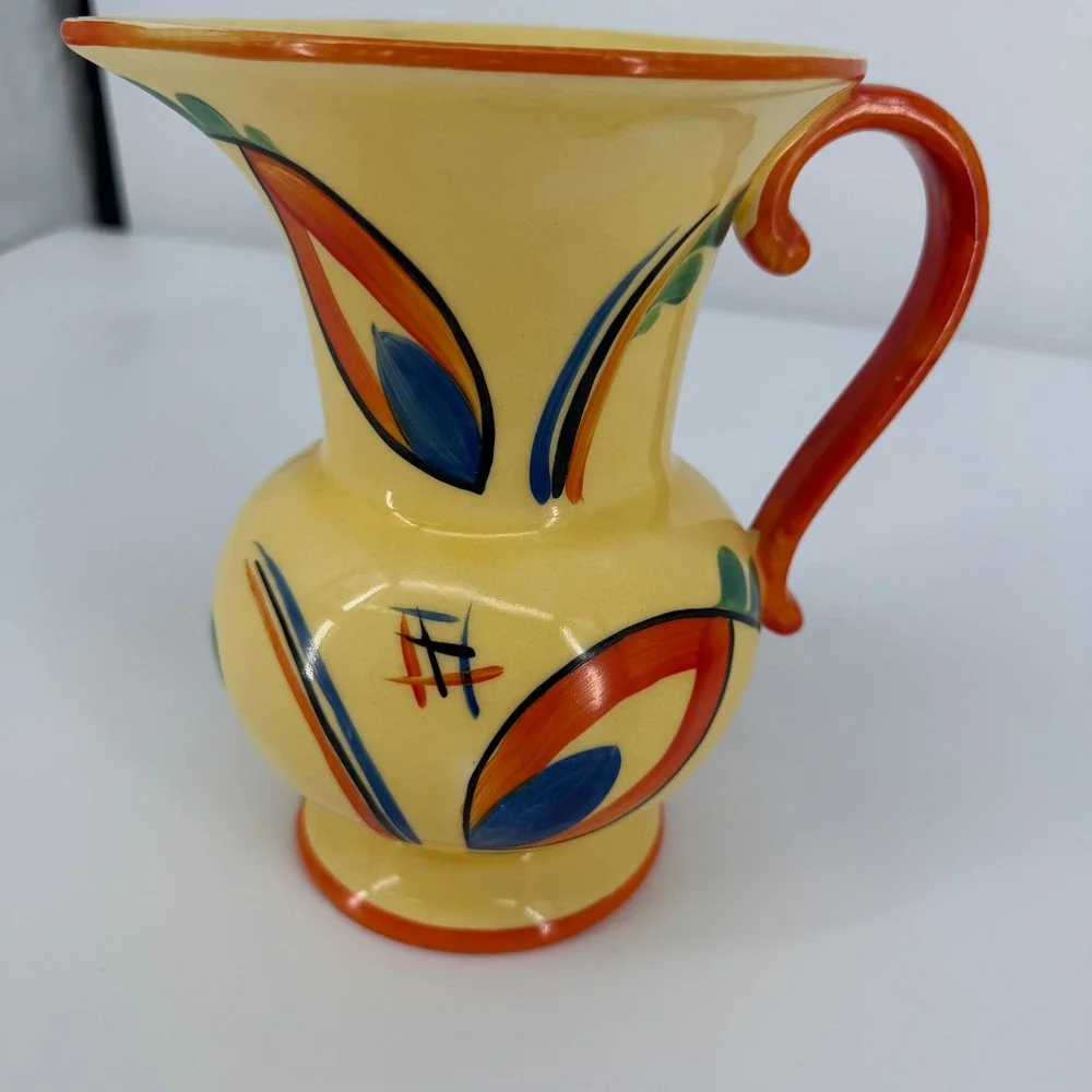 Czechoslovakia Pitcher Vintage Yellow‎ Orange Hand Painted Art Deco Ceramic Jug